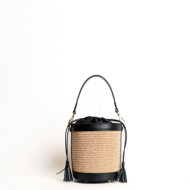 W by Whitemood- Mini secchiello in rafia e pelle - Nero