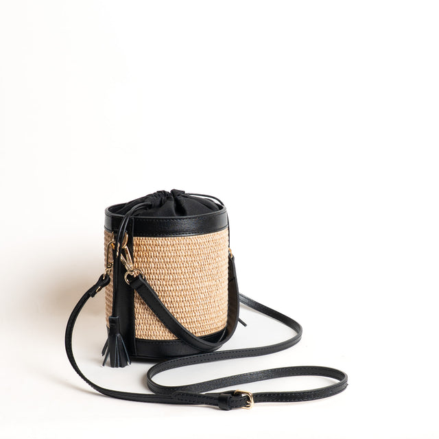 W by Whitemood- Mini secchiello in rafia e pelle - Nero