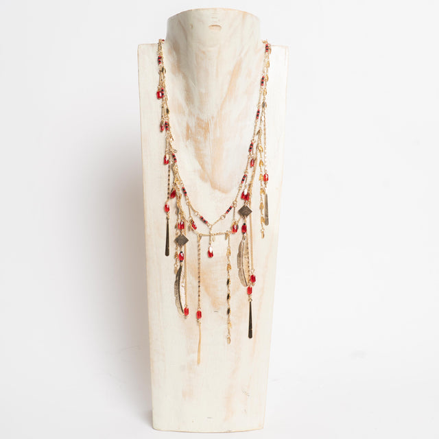 W by Whitemood-Collana multifilo foglie e perline - gold/red