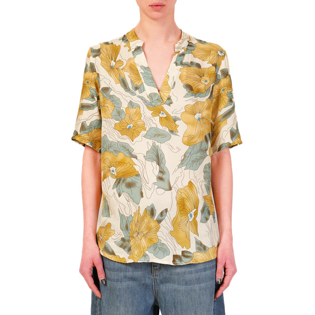Wu'side-Blusa mezza manica fantasia floreale - burro/senape/salvia