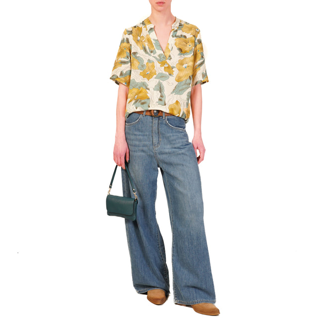 Wu'side-Blusa mezza manica fantasia floreale - burro/senape/salvia