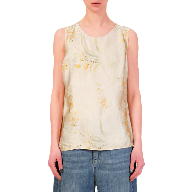 Wu'side-Top satin fantasia floreale - burro/verde/peach