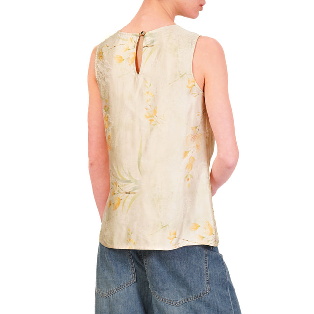 Wu'side-Top satin fantasia floreale - burro/verde/peach