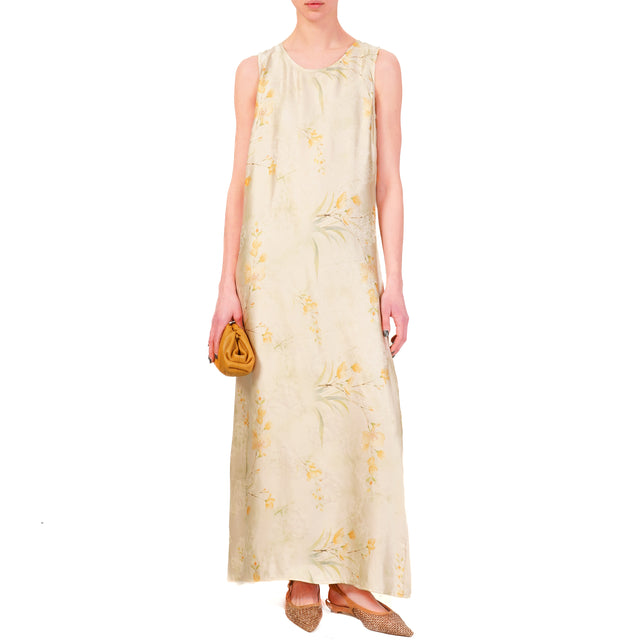 Wu'side-Abito smanicato satin fantasia floreale - burro/verde/peach