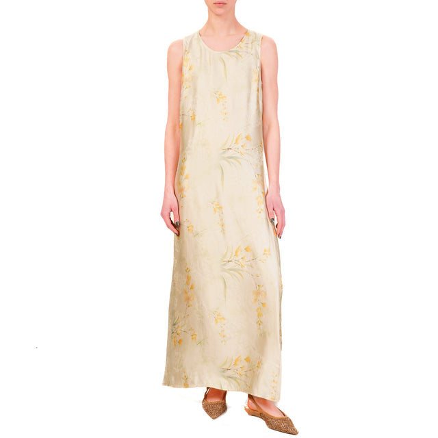 Wu'side-Abito smanicato satin fantasia floreale - burro/verde/peach