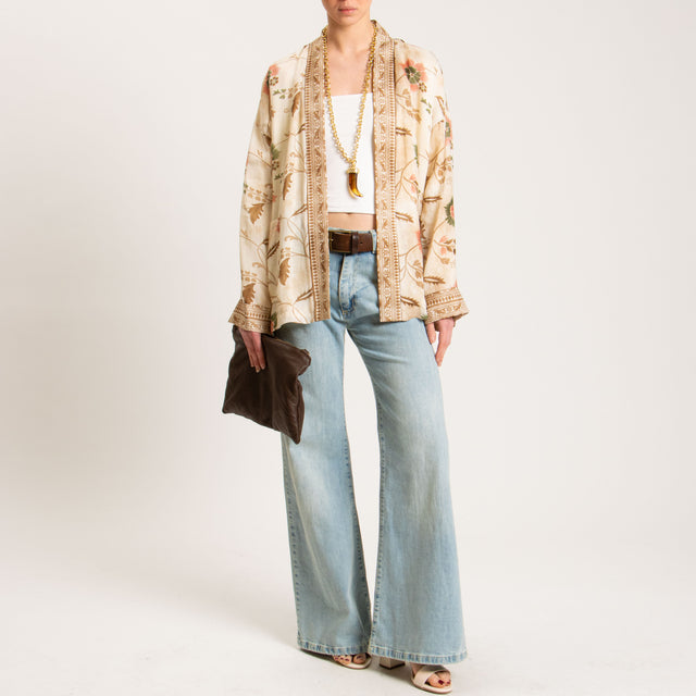 Wu'side-Kimono fantasia floreale 100%RAMIE FIBRA NATURALE - avorio/biscotto