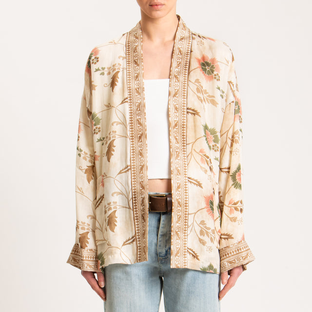 Wu'side-Kimono fantasia floreale 100%RAMIE FIBRA NATURALE - avorio/biscotto