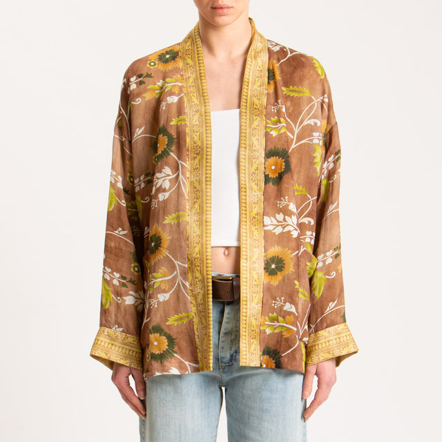Wu'side-Kimono fantasia floreale 100%RAMIE FIBRA NATURALE - tabacco/olio