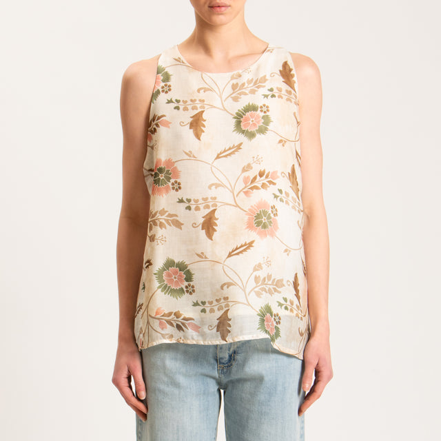Wu'side-Top fantasia floreale100%RAMIE FIBRA NATURALE - avorio/biscotto