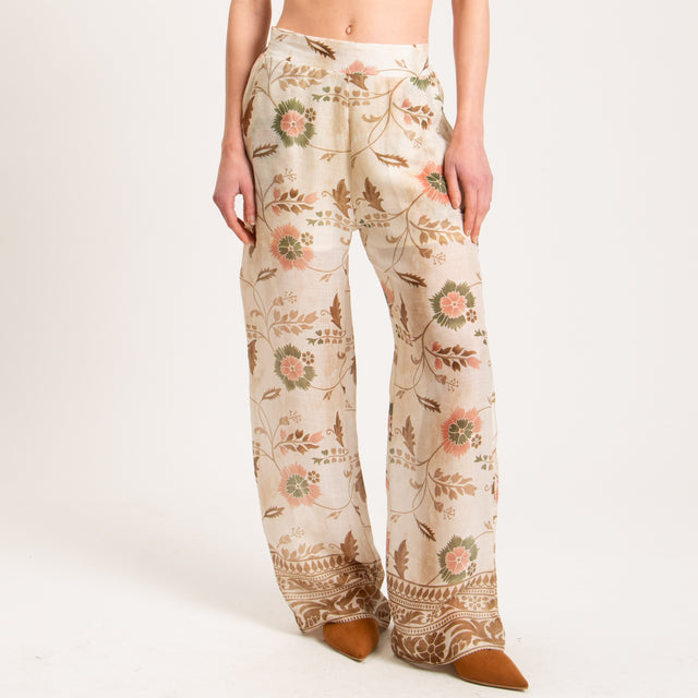 Wu'side-Pantalone fantasia floreale 100%RAMIE FIBRA NATURALE - avorio/biscotto