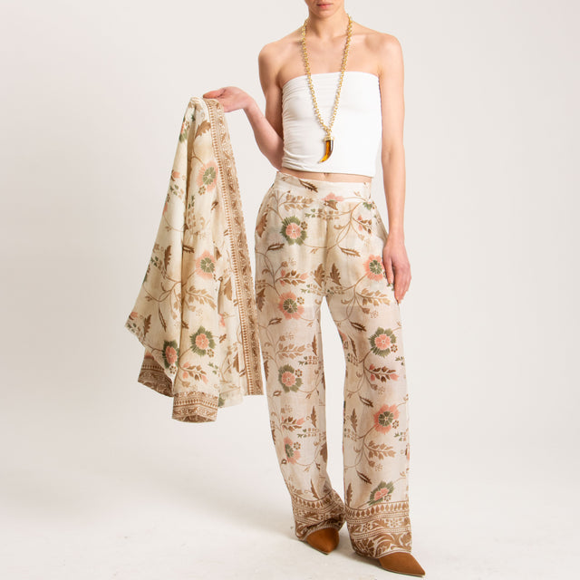Wu'side-Pantalone fantasia floreale 100%RAMIE FIBRA NATURALE - avorio/biscotto