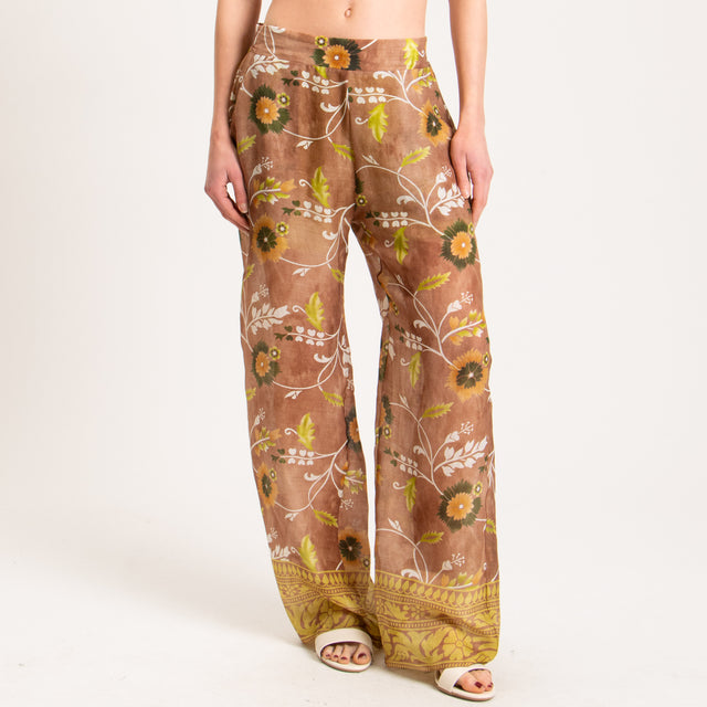 Wu'side-Pantalone fantasia floreale 100%RAMIE FIBRA NATURALE - tabacco/olio