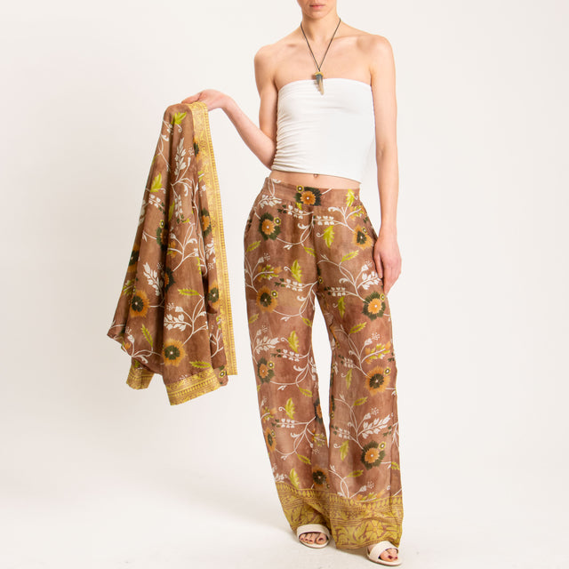 Wu'side-Pantalone fantasia floreale 100%RAMIE FIBRA NATURALE - tabacco/olio