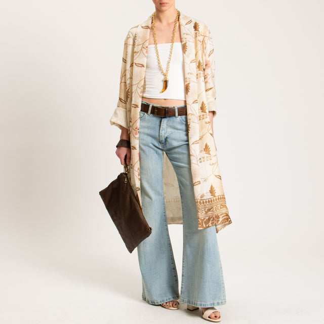 Wu'side-Kimono lungo fantasia floreale 100%RAMIE FIBRA NATURALE - avorio/biscotto