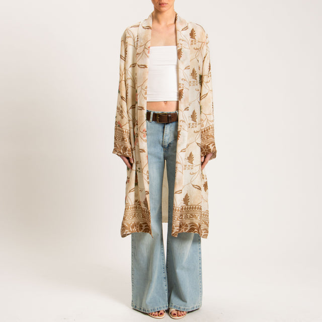 Wu'side-Kimono lungo fantasia floreale 100%RAMIE FIBRA NATURALE - avorio/biscotto
