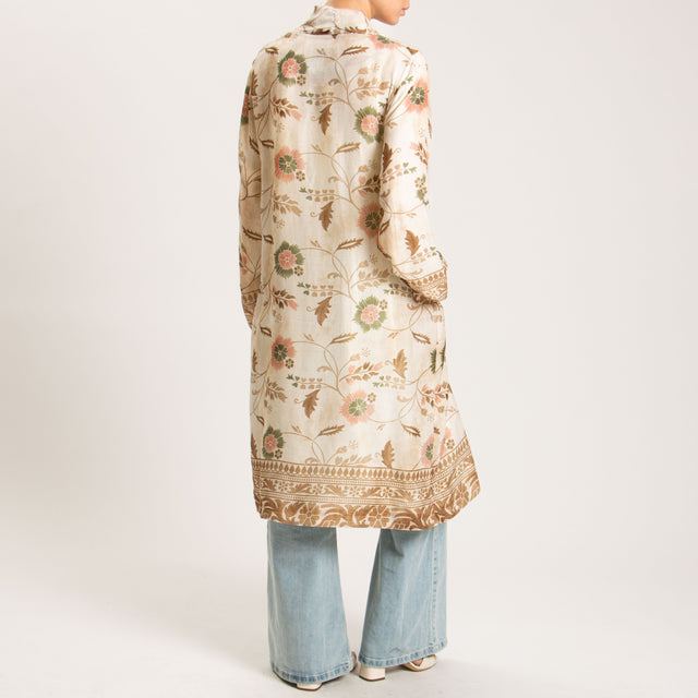 Wu'side-Kimono lungo fantasia floreale 100%RAMIE FIBRA NATURALE - avorio/biscotto
