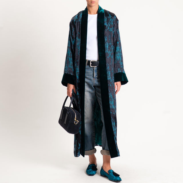 Wu'side-Kimono devorè bordi velluto - nero/ottanio