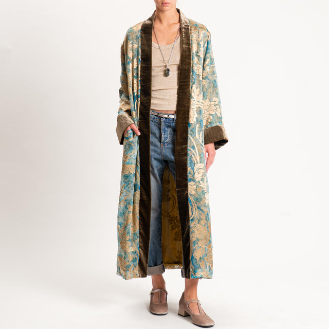 Wu'side-Kimono devorè bordi velluto - gold/turchese