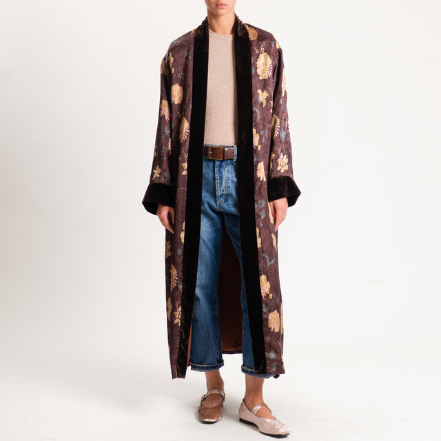 Wu'side-Kimono fantasia floreale bordi velluto - moro/miele