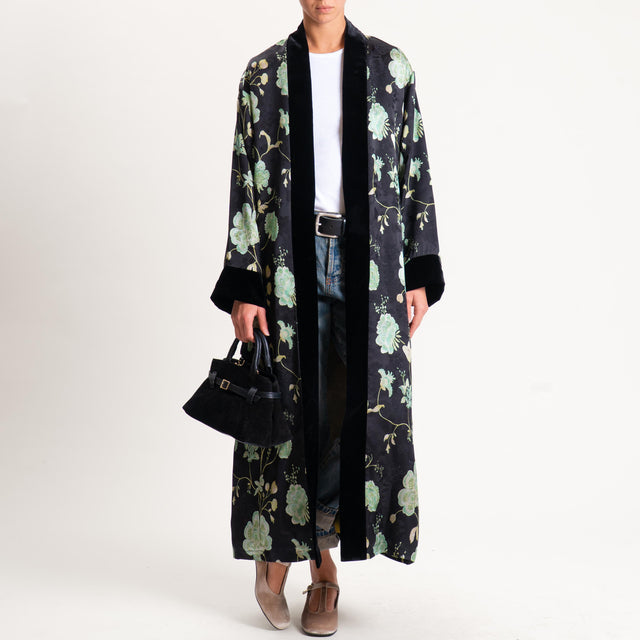 Wu'side-Kimono fantasia floreale bordi velluto - nero/menta