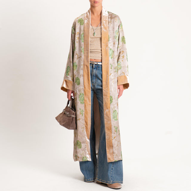 Wu'side-Kimono fantasia floreale bordi velluto - ostrica/menta