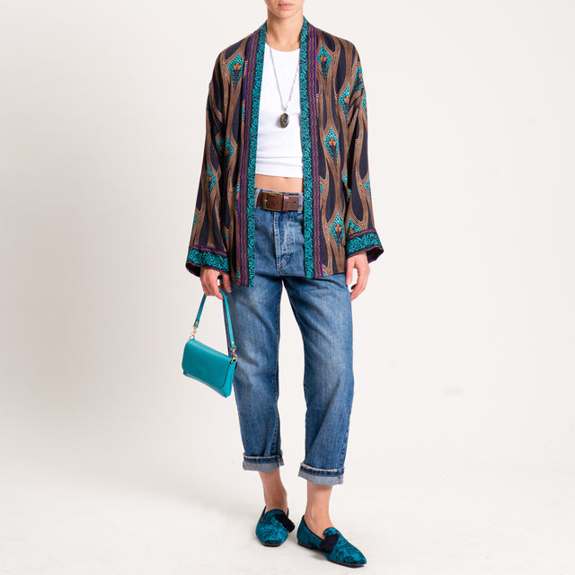 Wu'side-Kimono fantasia con tasche - nero/cuoio/turchese