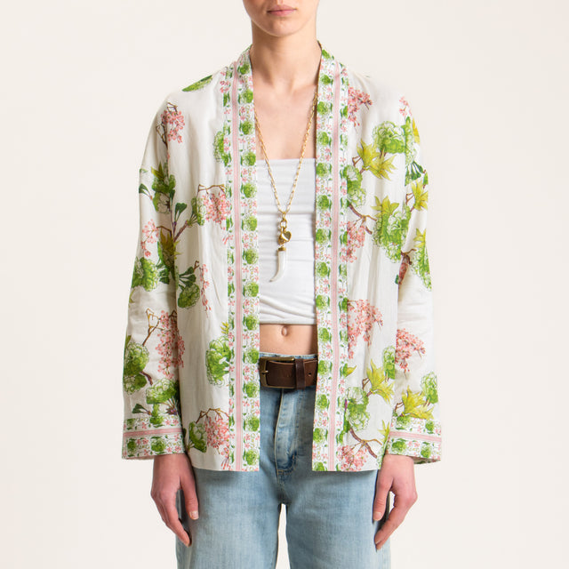 Wu'side-Kimono mussola di cotone fantasia floreale - avorio/verde/rosa