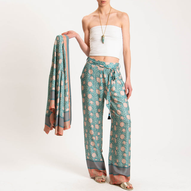 Wu'side-Pantalone fantasia floreale elastico dietro - azzurro/rosa