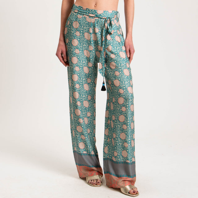 Wu'side-Pantalone fantasia floreale elastico dietro - azzurro/rosa