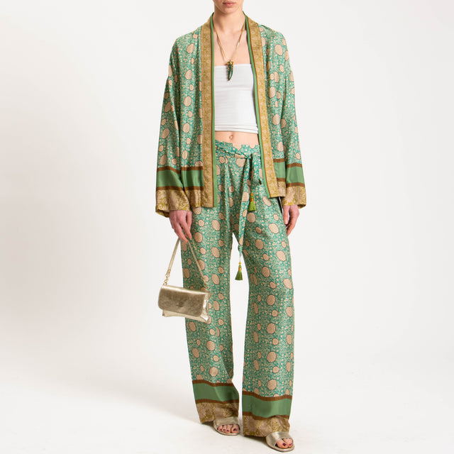 Wu'side-Pantalone fantasia floreale elastico dietro - verde/olio