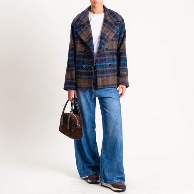Wu'side-Cappotto check doppiopetto lana cotta - blu/moro