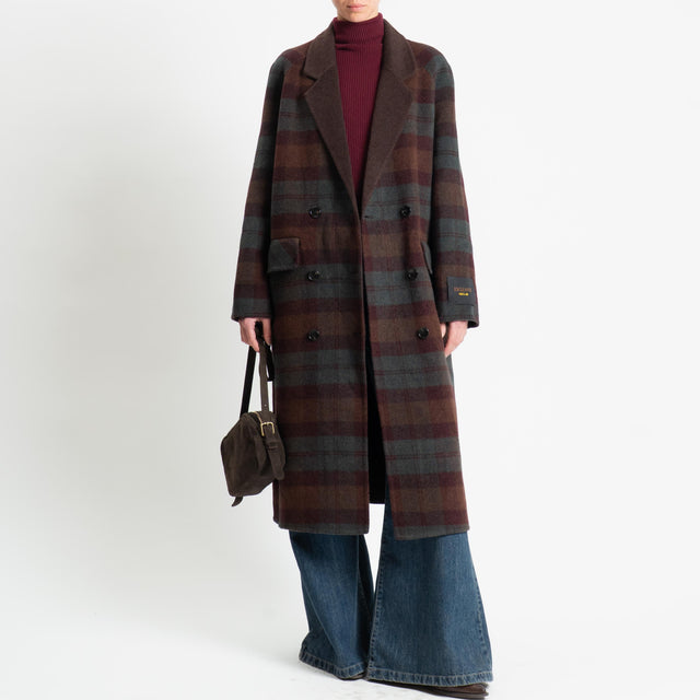 Wu'side-Cappotto doppiopetto tartan misto lana - moro/vino