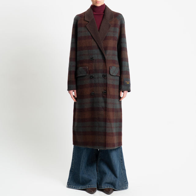 Wu'side-Cappotto doppiopetto tartan misto lana - moro/vino
