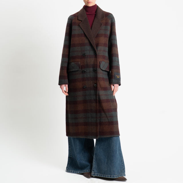 Wu'side-Cappotto doppiopetto tartan misto lana - moro/vino