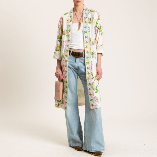 Wu'side-Kimono lungo mussola di cotone fantasia floreale - avorio/verde/rosa