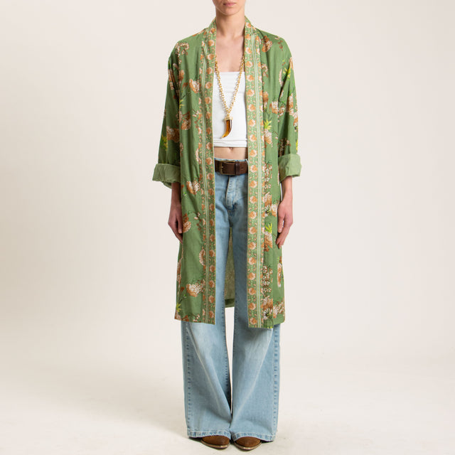 Wu'side-Kimono lungo mussola di cotone fantasia floreale - militare/moro/olio