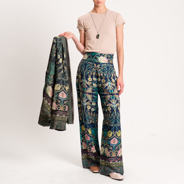 Wu'side-Pantalone fantasia floreale zip laterale - blu/olio/rosa