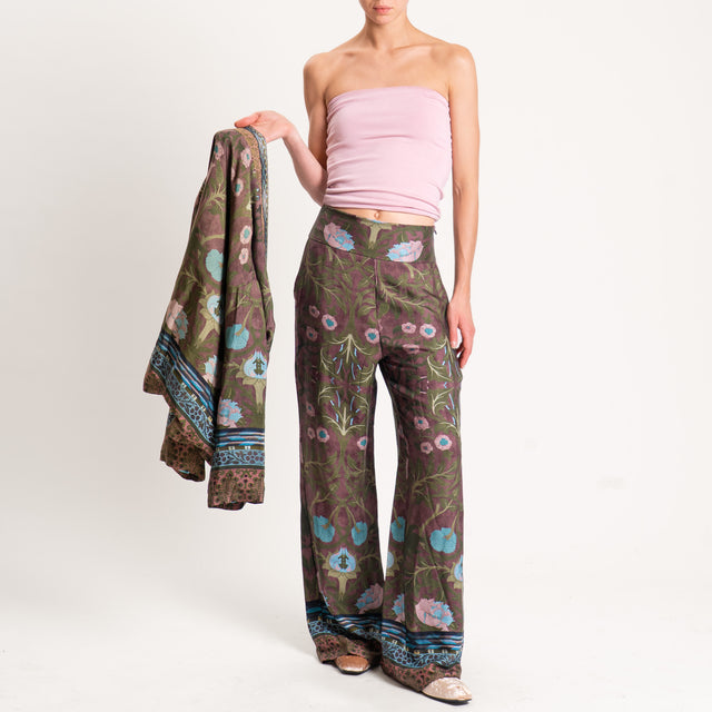 Wu'side-Pantalone fantasia floreale zip laterale - verde/cioccolato/polvere