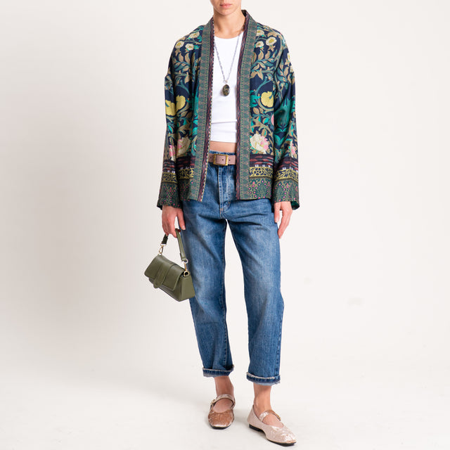 Wu'side-Kimono corto fantasia floreale con tasche - blu/olio/rosa