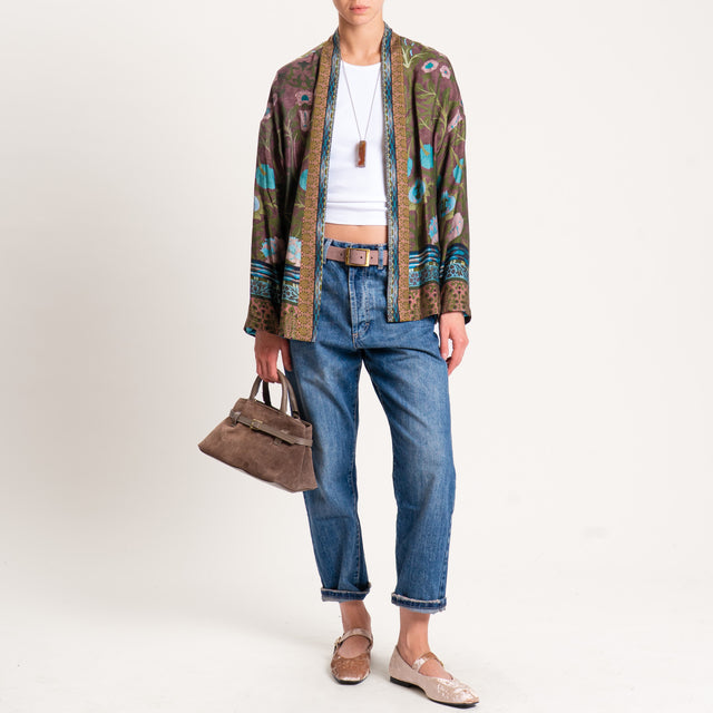 Wu'side-Kimono corto fantasia floreale con tasche - verde/cioccolato/polvere