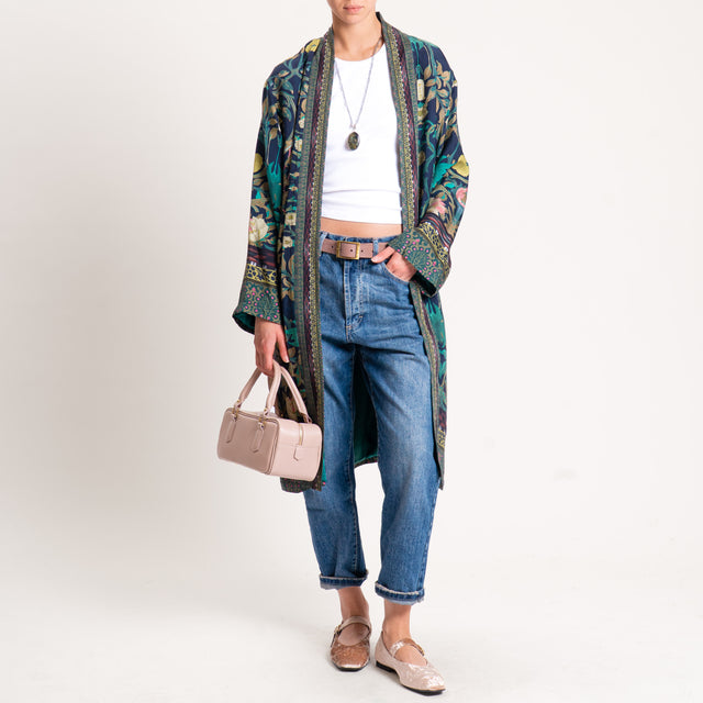 Wu'side-Kimono fantasia floreale con tasche - blu/olio/rosa
