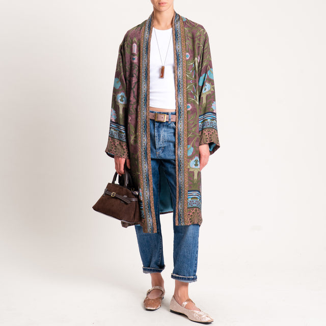 Wu'side-Kimono fantasia floreale con tasche - verde/cioccolato/polvere