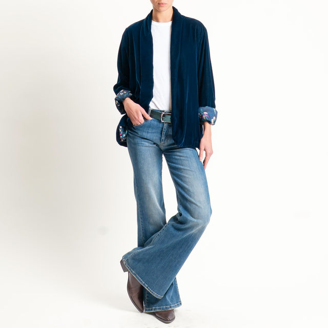 Wu'side-Kimono corto velluto fodera fantasia - blu