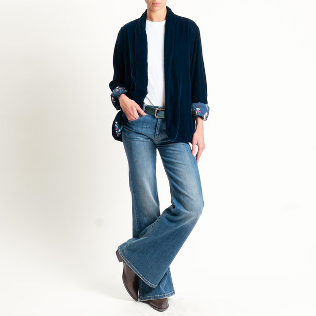 Wu'side-Kimono corto velluto fodera fantasia - blu