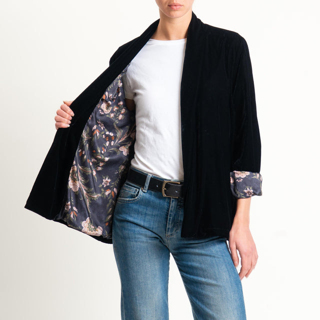 Wu'side-Kimono corto velluto fodera fantasia - nero