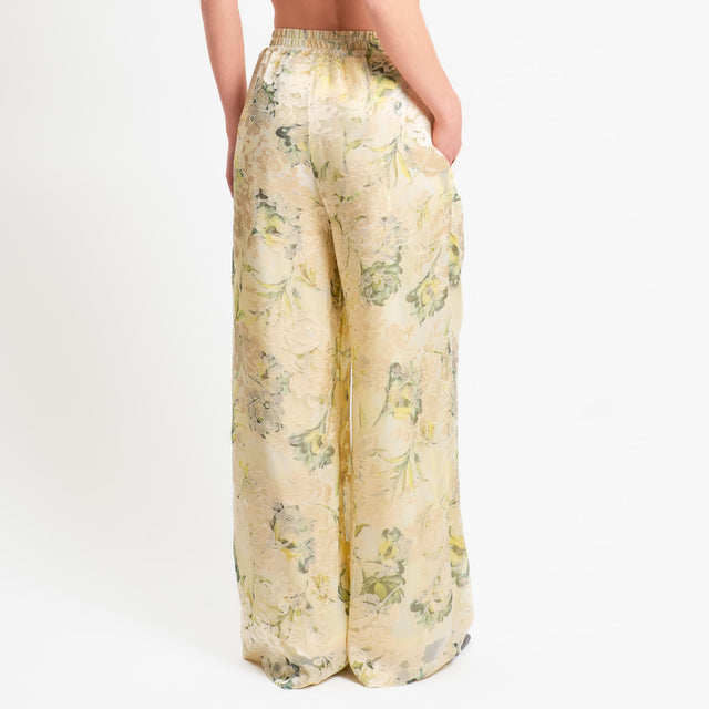 Wu'side-Pantalone organza fantasia floreale - crema/mimosa/salvia