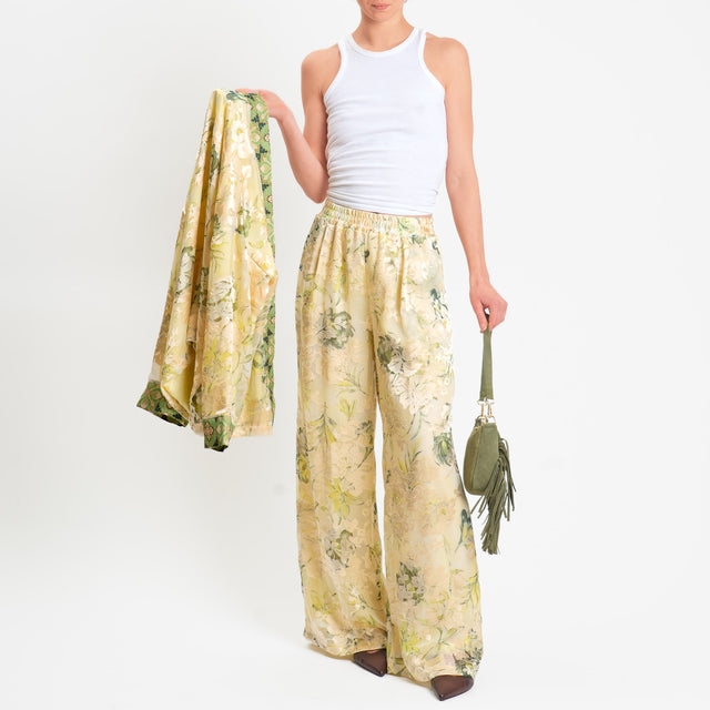 Wu'side-Pantalone organza fantasia floreale - crema/mimosa/salvia