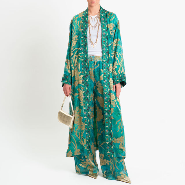 Wu'side-Pantalone organza fantasia floreale - smeraldo/sand