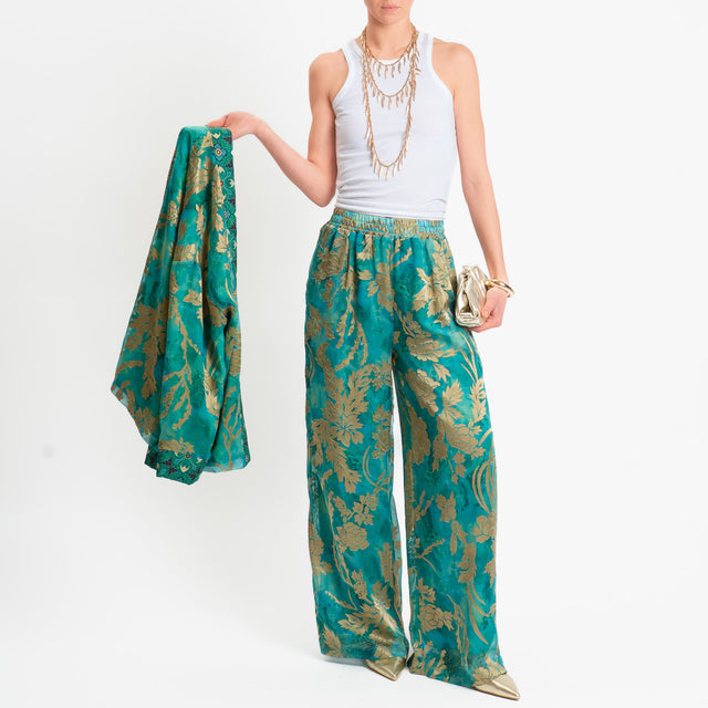 Wu'side-Pantalone organza fantasia floreale - smeraldo/sand