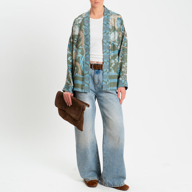 Wu'side-Kimono corto fantasia floreale - salvia/beige/azzurro